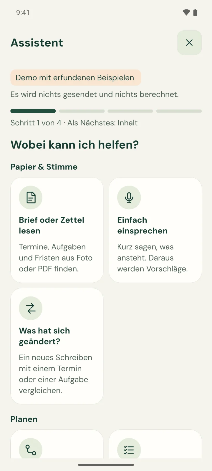 App-Ansicht Assistent, Startschritt „Wobei kann ich helfen?“ mit den Karten „Brief oder Zettel lesen“, „Einfach einsprechen“ und „Was hat sich geändert?“.