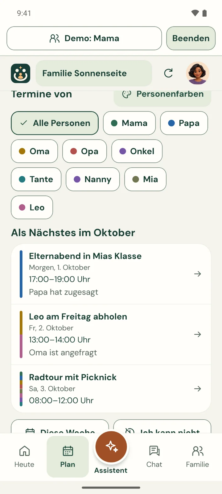 App-Ansicht Plan mit Kalender: Filter nach Personen, darunter die nächsten Termine im Oktober mit Personenfarben, zum Beispiel „Leo am Freitag abholen“ und „Radtour mit Picknick“.