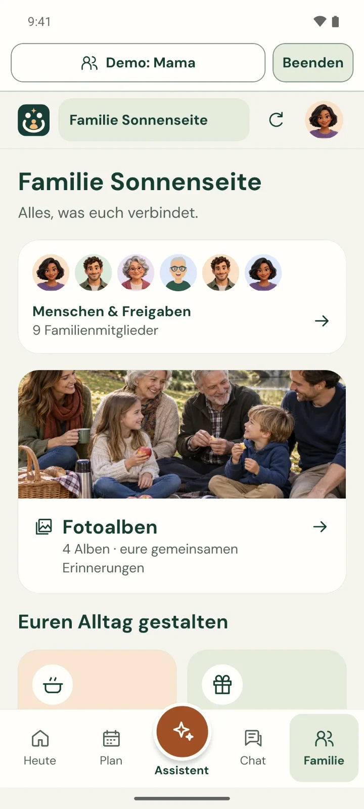 App-Ansicht Familie: neun Familienmitglieder unter „Menschen & Freigaben“, darunter die Fotoalben.